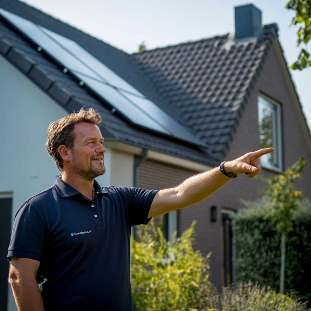 Adviseur van Totaaladvies.nl wijst naar zonnepanelen op een dak, passend bij energiegedrag en verduurzaming.