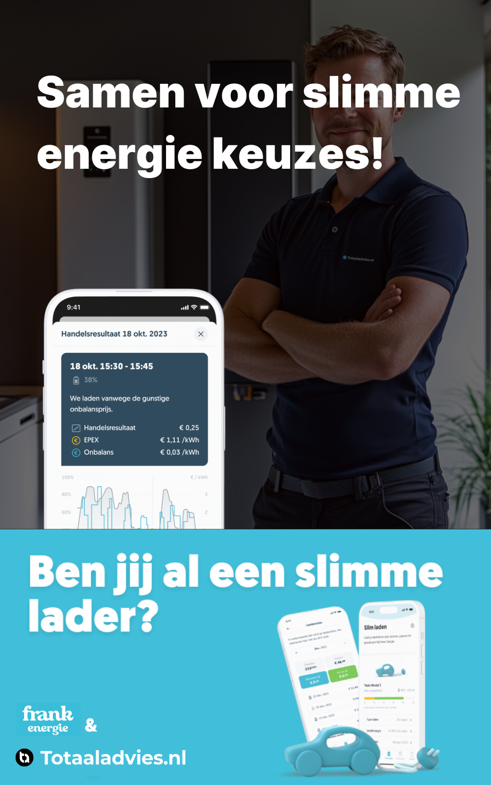 Adviseur van Totaaladvies.nl legt samenwerking met Frank Energie uit, met focus op dynamische energiecontracten en slimme laadoplossingen.