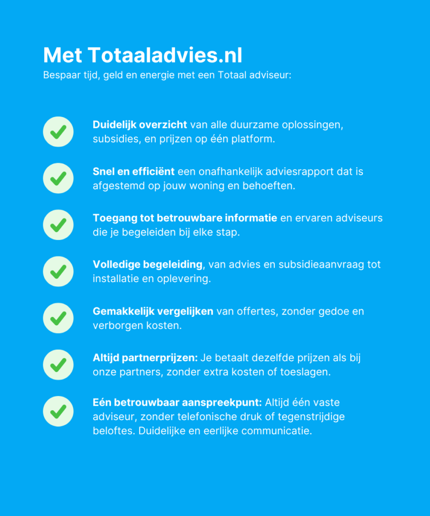 Overzicht van voordelen met Totaaladvies.nl, zoals duidelijk overzicht, betrouwbare informatie en volledige begeleiding.