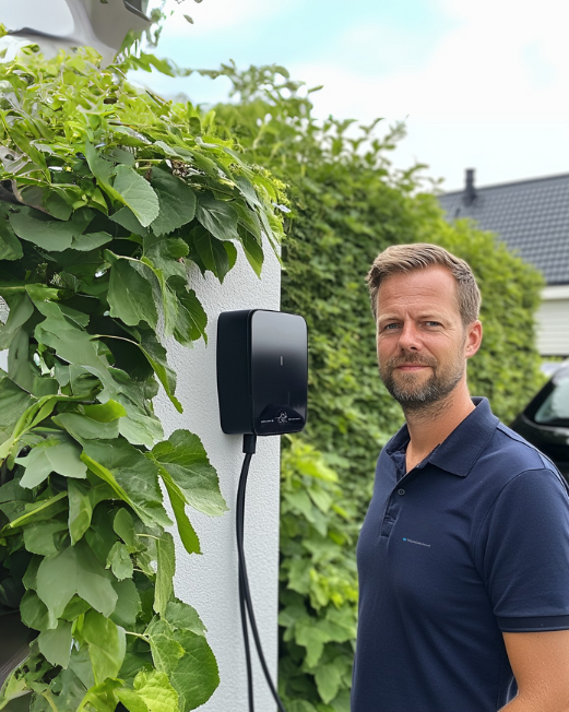 Adviseur van Totaaladvies.nl naast een geïnstalleerde laadpaal voor elektrische auto's, geschikt voor thuisgebruik.